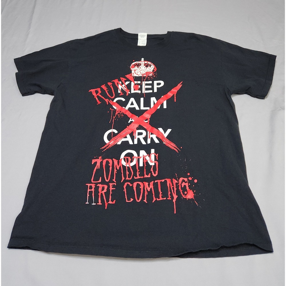 Jerzees Run Zombies Are Coming Keep Calm Graphic T-Shirt Black XL Horror Humor